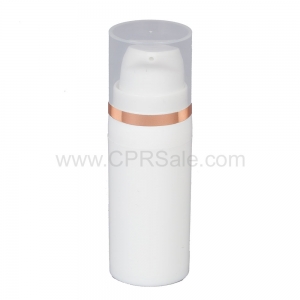Airless Bottle, Natural Cap with Shiny Rose Gold Band, White Pump, White Body, 10 mL